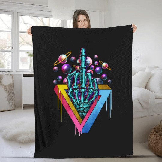Trippy skeleton middle finger Fleece Blankets
