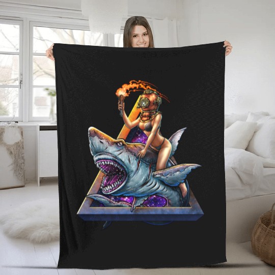 Diver girl retro and angry shark #2 Fleece Blankets