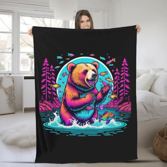 Joyful Bear Fishing in River Fleece Blankets