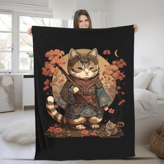 Samurai Cat Warrior Japanese Ninja Cat Kawaii Fleece Blankets
