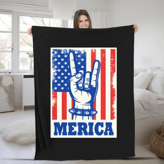 Merica Rock Usa Flag July 4th Fleece Blankets