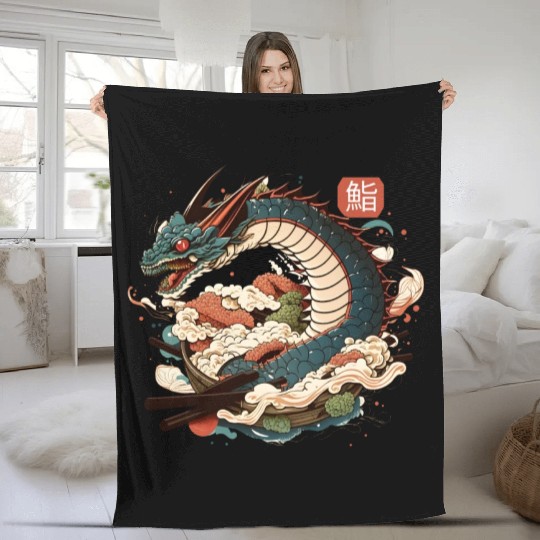 Dragon and Sushi Funny Food Retro Anime Lover Japa Fleece Blankets
