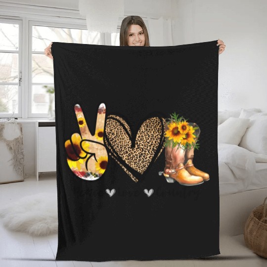 Sunflower Peace Love Country Cowgirl Midwest Boot Fleece Blankets
