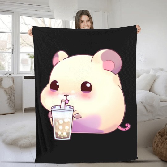 Kawaii hamster with bubble tea Fleece Blankets