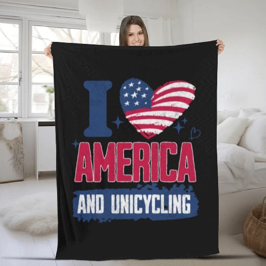 I Love America And Unicycling Fleece Blankets