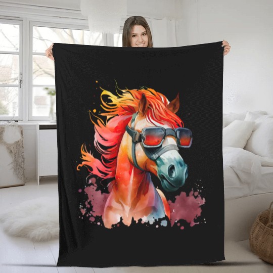 Watercolor Cute Horse Superstar Horse Head Ai Art Fleece Blankets