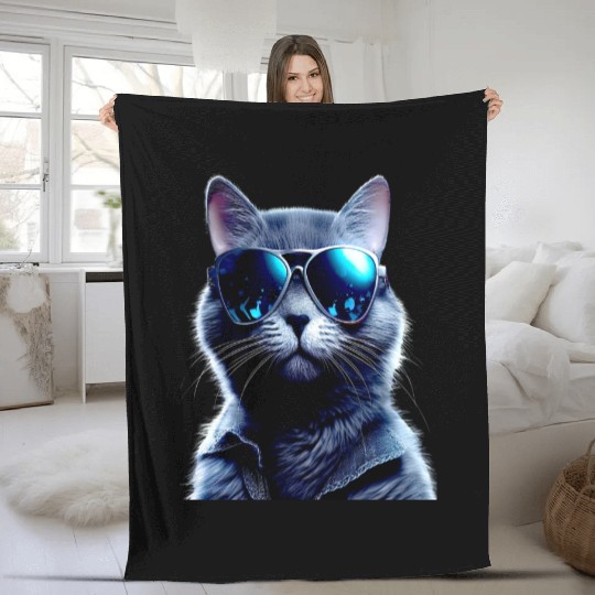 Cat With Sunglasses Cute Cat Mom Meow Paws Kitty Fleece Blankets