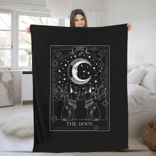 Tarot Card Crescent Moon And Sphynx Cat Occult Fleece Blankets