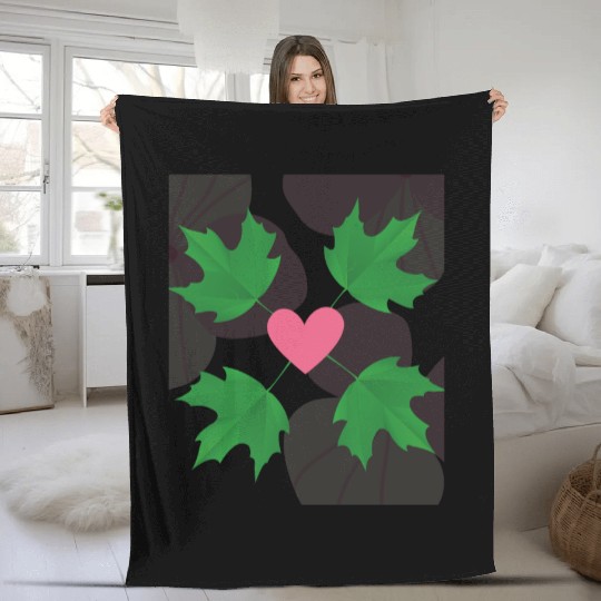 Green Leaf Pink Heart Fleece Blankets