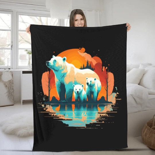 Polar Bear with cubs, Snow Spectrum Fleece Blankets