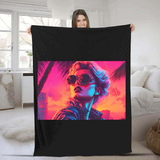 Synthwave Sunset Vibes with sunglasses Fleece Blankets