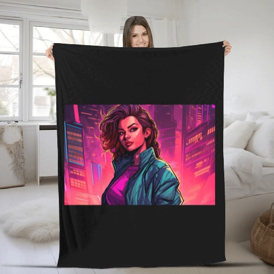 Girl in front of a Neon Pink Cityscape Fleece Blankets