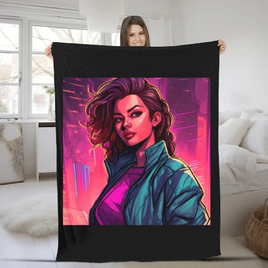 Synthwave City Bloom - Neon Pink Cityscape Fleece Blankets