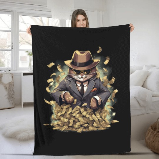 Gangster Cat Dressed In A Stylish Suit And Cash Fleece Blankets