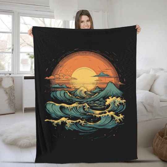serene ocean sunset with large waves (1) Fleece Blankets