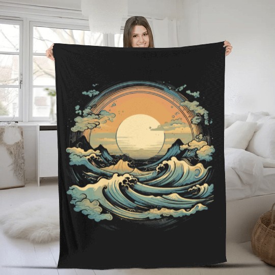 serene ocean sunset with large waves (5) Fleece Blankets