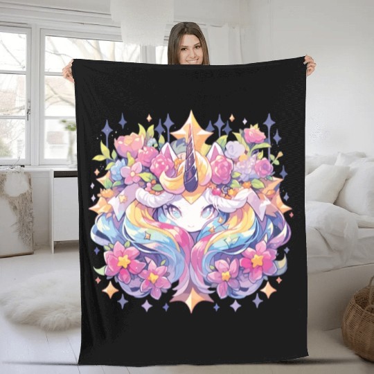 Flowers Unicorn Unicorn Flowers Fable Mystery Fleece Blankets
