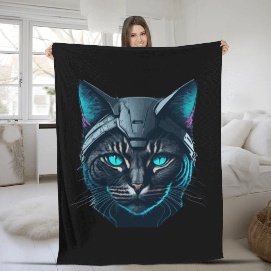 Cyberpunk neon cat Fleece Blankets