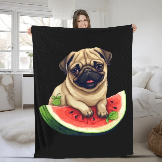 Pug with Melon, Funny Summer Design for Dog Lovers Fleece Blankets