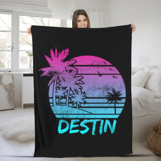 Destin Florida Vacation Palm Tree Beach Fleece Blankets