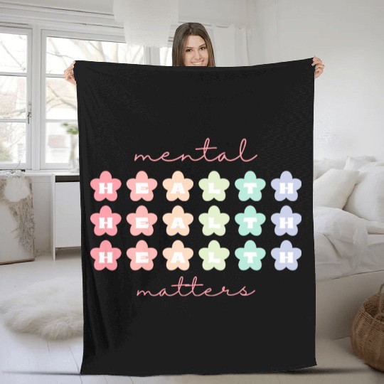 Mental Health Matters Retro Flowers Pastel Rainbow Fleece Blankets
