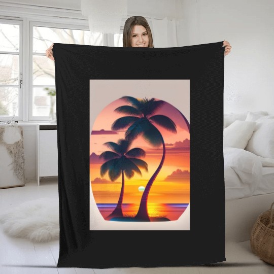 The sunset Palm tree logo design in Fleece Blankets