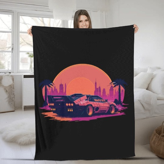 Cyberpunk car in sunset cityscape Fleece Blankets