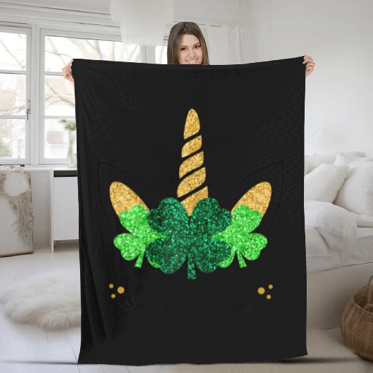 Unicorn Face St Patrick'S Day Unicorn Shamrock Fleece Blankets
