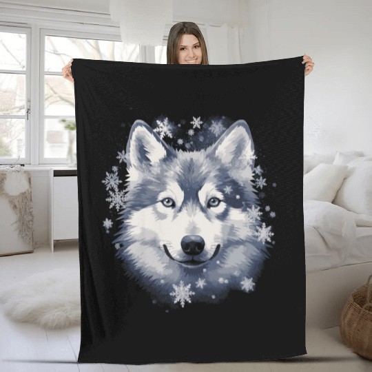 Husky dog and snowflakes Fleece Blankets