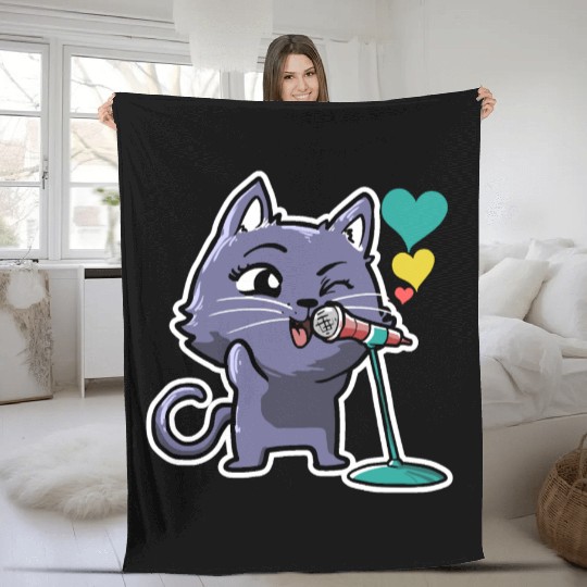 Cute Kawaii Cat Singing Song Singer Cat Lover Fleece Blankets