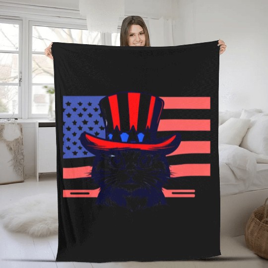 Cat Us Flag 4th Of July Fleece Blankets
