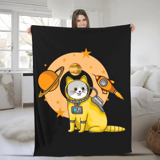 Cat Cute Surprised Pet in Space planet Kitty Fleece Blankets