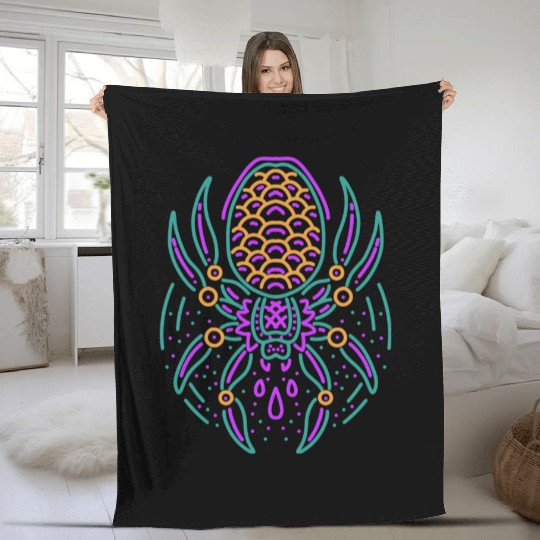 Spider Neon Tattoo Style Fleece Blankets