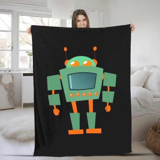 Green And Orange Robot Fleece Blankets