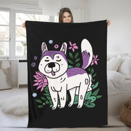 Husky With Plants And Flowers Dog Lover Malamute Fleece Blankets