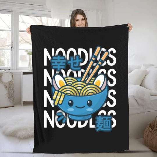 Kawaii Ramen Noodle Bowl Noodles Blue Fleece Blankets
