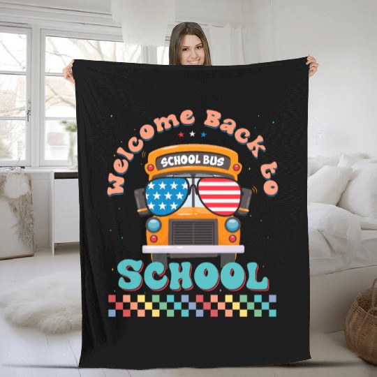 Welcome Back to School Funny School Bus w Vintage Fleece Blankets