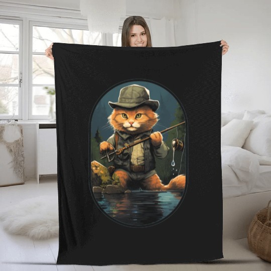Cat On Fish Cat Fisherman Fleece Blankets
