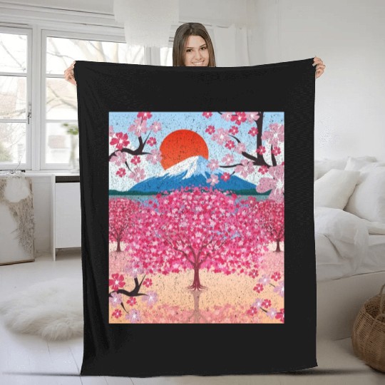 Sunset Sakura Mountains Gift Cherry Blossoms Fleece Blankets