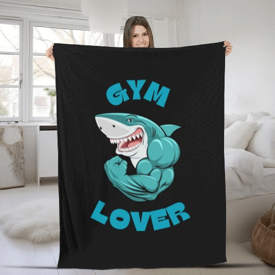 Blue Illustrated Shark Gym Lover Fleece Blankets