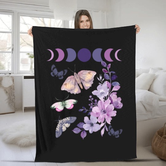 Violet Purple Moon Moth Flower Fleece Blankets