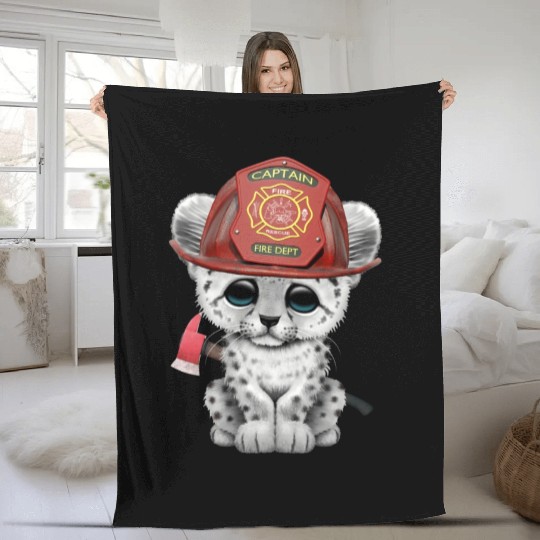 Cute Snow Leopard Cub Firefighter Fleece Blankets