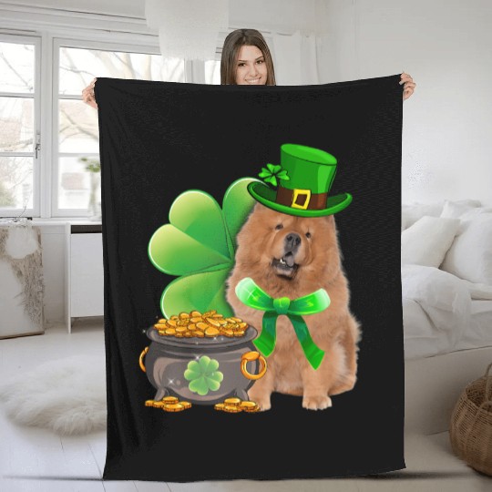 Chow Chow Dog Shamrock Irish Saint St Patrick Day Fleece Blankets