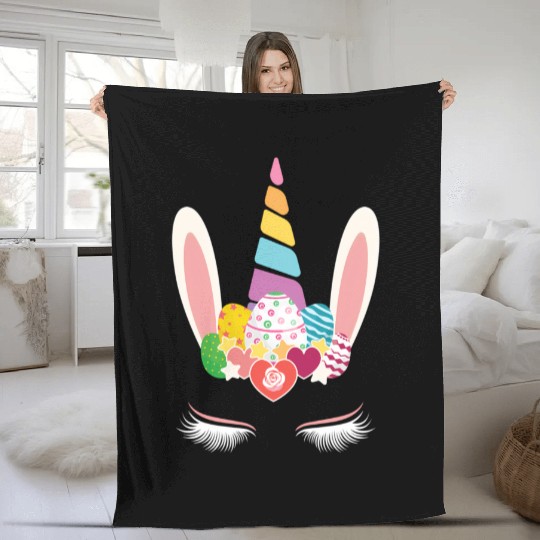 Happy Easter Unicorn Bunny Ears Eggs Hunter Fleece Blankets