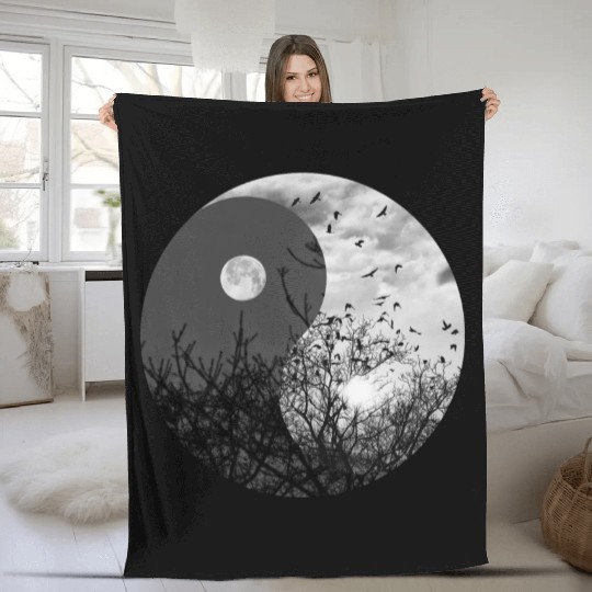 Yin and Yang of Moon and Sun in Black and White Fleece Blankets