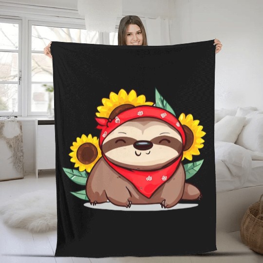 Sunflower sloth with bandana Fleece Blankets