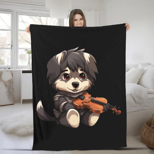 husky German Shepherd with Violin – Musical Dog De Fleece Blankets