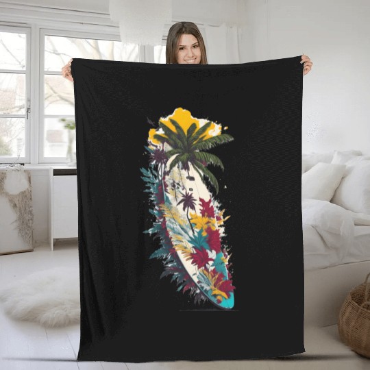 Surfing Board Summer and Coconut Tree Fleece Blankets