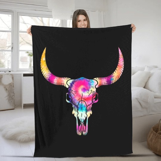 Cow Fleece Blankets, Cow Skull Tie Dye Watercolor Fleece Blankets, Cow