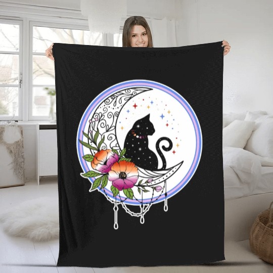 Galaxy Cat and Flowers in Lesbian Flag Colors Fleece Blankets